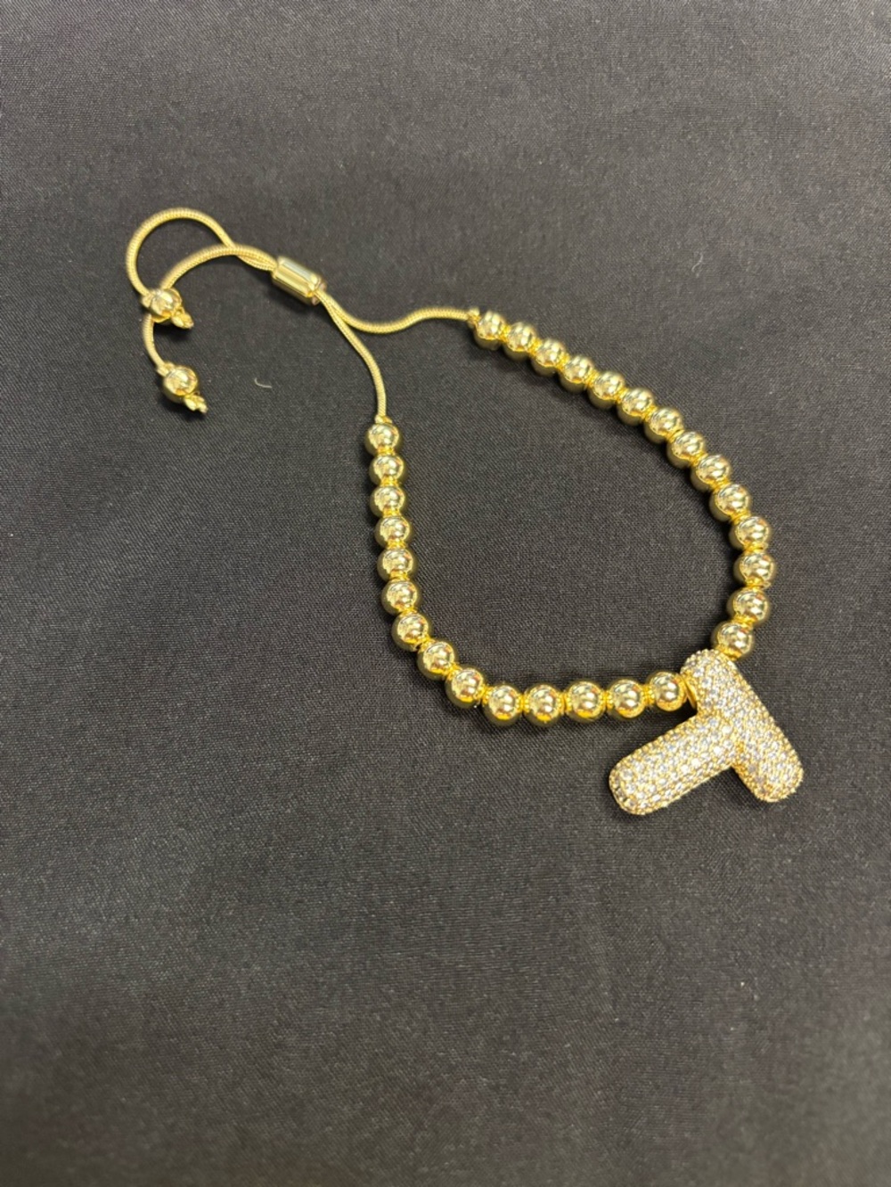 Gold Pave T Infinity Bead Bracelet with Adjustable Slider
